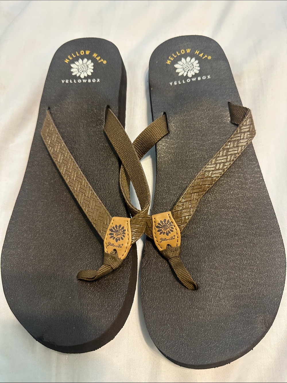 Yellow Box black flip flops with olive woven straps